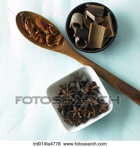 Chinese medicine, Oriental medicine on the spoon, gardenia seeds, cinnamon bark View Large Photo Image Stock Photo - Chinese medicine, Oriental medicine on the spoon, gardenia seeds, cinnamon bark. Fotosearch