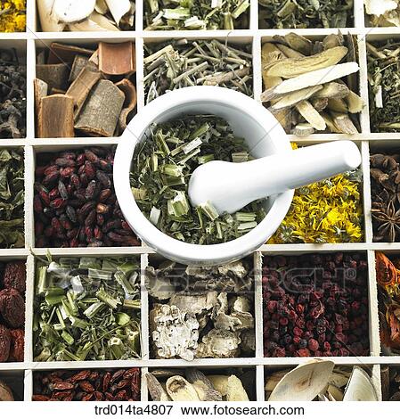 Stock Photo - Medical plants on the bowl and chinese medicine on the sectional container. Fotosearch