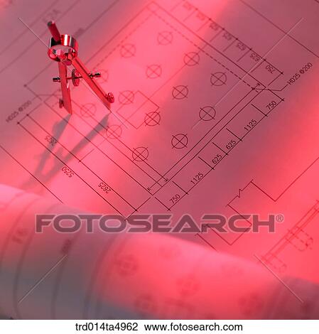 Stock Image - construction, a plan and a compass on a desk. Fotosearch
