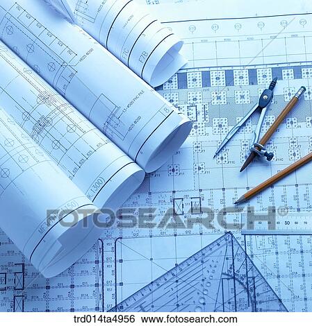Stock Photograph - construction, a plan and construction tools on a desk. Fotosearch