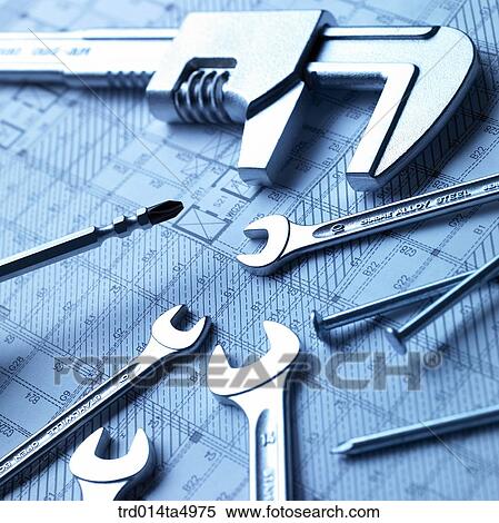 construction, a plan and construction tools on a desk View Large Photo Image Stock Photography - construction, a plan and construction tools on a desk. Fotosearch