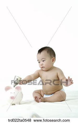 a baby putting a dollar into a pig saving box View Large Photo Image Stock Photo - a baby putting a dollar into a pig saving box. Fotosearch