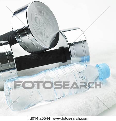 Picture - sport goods, dumbbells and a water bottle. Fotosearch