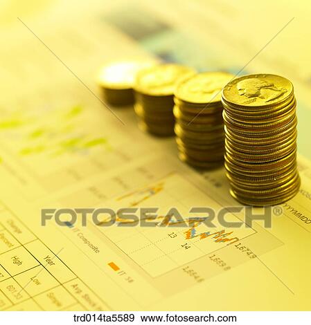 Stock Photo - finance/a graph and coin towers. Fotosearch