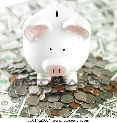 Stock Image - finance/coins and a pig saving box on a paper money. Fotosearch