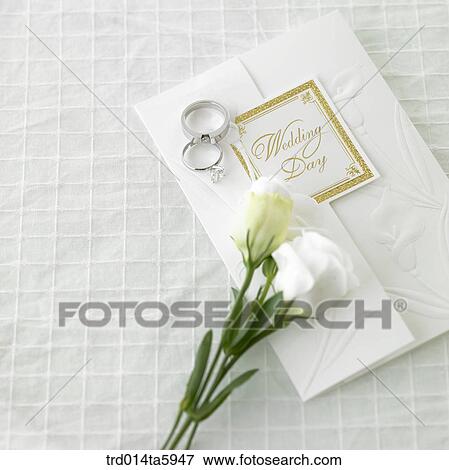 an invitation, a wedding ring and a flower on the wedding veil View Large Photo Image Stock Photo - an invitation, a wedding ring and a flower on the wedding veil. Fotosearch