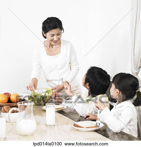 Stock Image - brother, sister, Asian, daughter, bread, person. Fotosearch