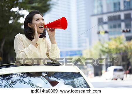 Stock Photo - shout, funnel, day, daytime, person, outside, smile. Fotosearch