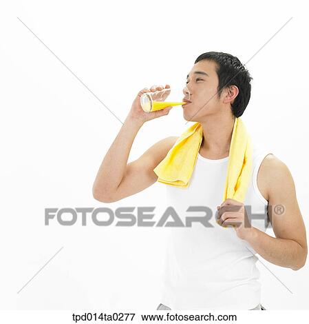 Stock Photo - object, Asian, drinking, person, towel, juice. Fotosearch
