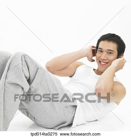 Stock Photography - object, Asian, person, exercise, smile, sit-up. Fotosearch