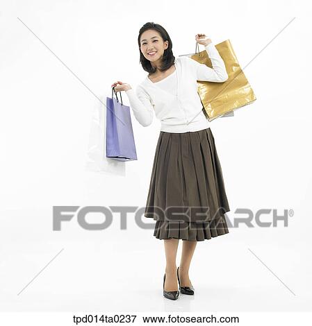 Stock Photo - object, Asian, person, shopping bag, woman, body, portrait. Fotosearch