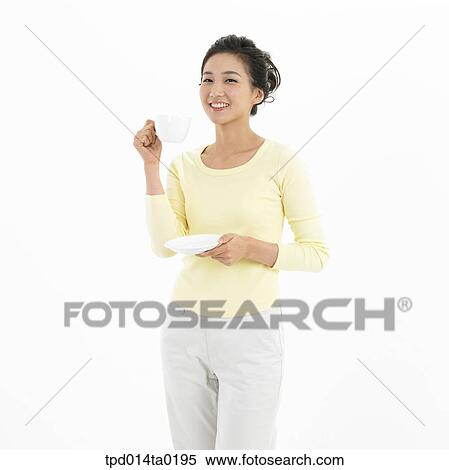 Stock Photography - object, Asian, person, woman, smile, cup, portrait. Fotosearch