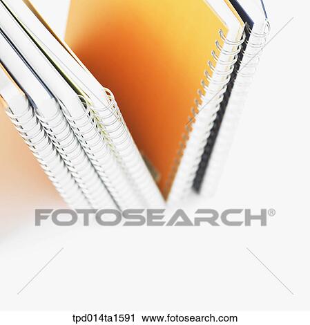 Stock Image - notebook, education, education items, book, spring, many books, script. Fotosearch