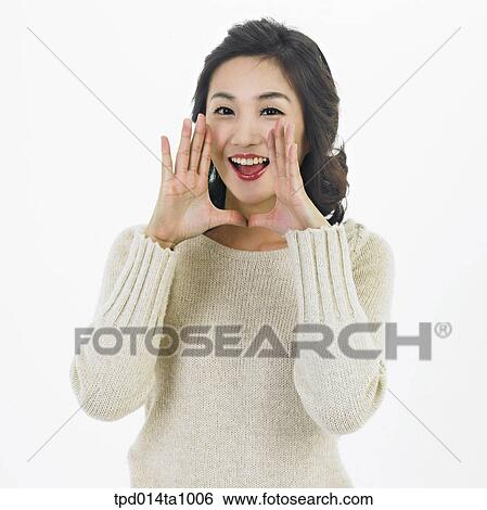 Stock Photograph - person, Asian, Korean, woman, object, echo, shout. Fotosearch