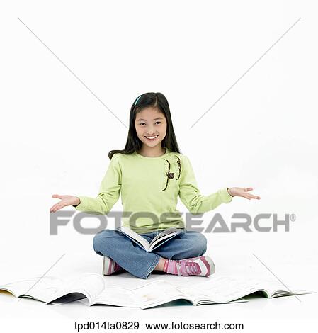 Stock Photo - education, object, Asian, exercise book, smile, person, child. Fotosearch