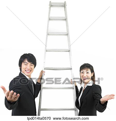 Stock Image - object, Asian, business, businessman, businesswoman, ladder. Fotosearch