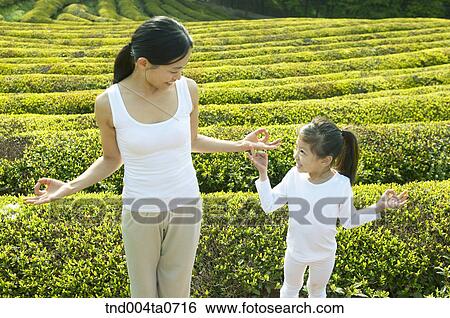 Stock Photograph - a mother and a child doing Yoga in a tea field. Fotosearch