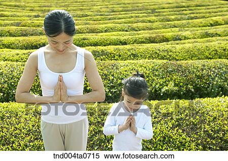 Stock Photography - a mother and a child doing Yoga in a tea field. Fotosearch