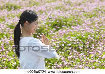 a woman doing Yoga in a flower garden View Large Photo Image Picture - a woman doing Yoga in a flower garden. Fotosearch