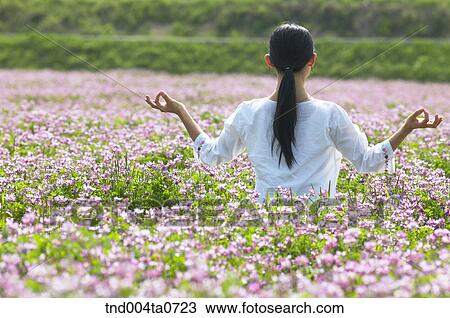 a woman doing Yoga in a flower garden View Large Photo Image Stock Image - a woman doing Yoga in a flower garden. Fotosearch