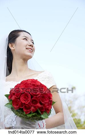 Wedding, a bride holding a bouquet View Large Photo Image Stock Photo - Wedding, a bride holding a bouquet. Fotosearch