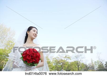 Stock Photograph - Wedding, a bride holding a bouquet. Fotosearch