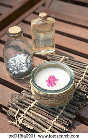 Stock Image - aroma theraphy, incensed candle and bathing items. Fotosearch
