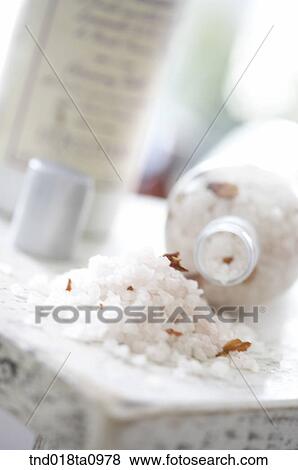 bathing items/ salt for cosmetic and one bottle View Large Photo Image Stock Photo - bathing items/ salt for cosmetic and one bottle. Fotosearch