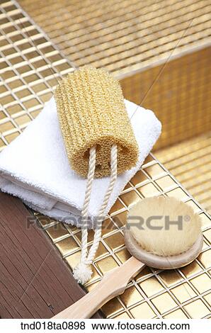 Towel, brush and sponge View Large Photo Image Stock Photo - Towel, brush and sponge. Fotosearch