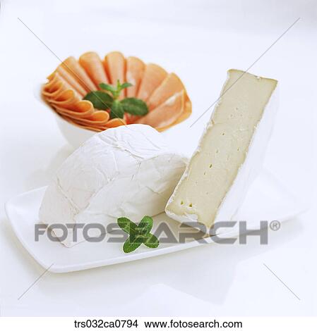 Picture - dairy products, food, cheese, slice, cream cheese, brie cheese, Camembert cheese. Fotosearch