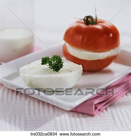 Picture - dessert, food, tomato, cheese, plate, cream cheese, closeup. Fotosearch