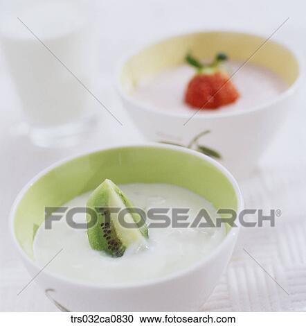 Stock Image - dessert, food, yogurt, well-being, dairy products, kiwi, closeup. Fotosearch