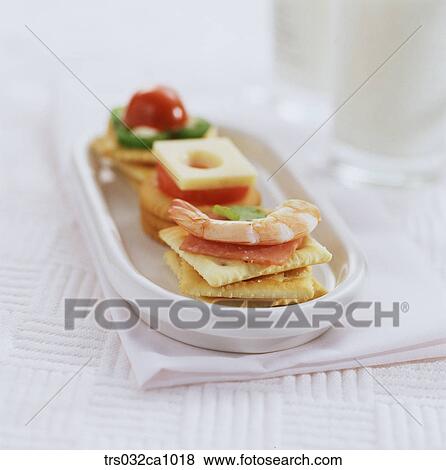 dessert, food, Canafe, shrimp, cracker, cheese, tomato View Large Photo Image Stock Photo - dessert, food, Canafe, shrimp, cracker, cheese, tomato. Fotosearch