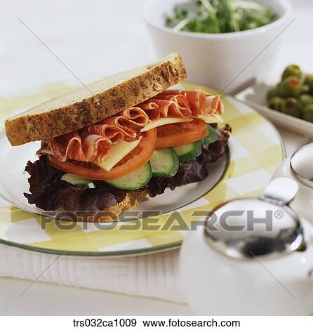 fastfood, food, dish, sandwich, ham, cucumber, tomato View Large Photo Image Stock Photo - fastfood, food, dish, sandwich, ham, cucumber, tomato. Fotosearch