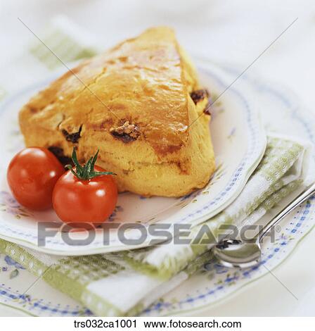 Stock Image - food, confectionery, bread, plate, tomato, closeup, pie. Fotosearch