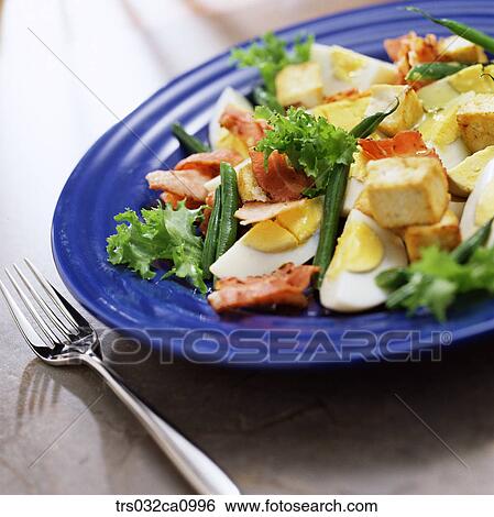 Stock Photograph - salad, food, eggsalad, plate, bacon, egg, closeup. Fotosearch