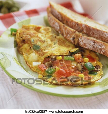 Stock Photo - Western food, food, dish, egg, baguette, closeup. Fotosearch