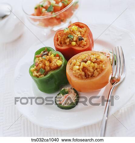 Stock Image - Western food, food, dish, fried rice, paprika, green pepper, closeup. Fotosearch