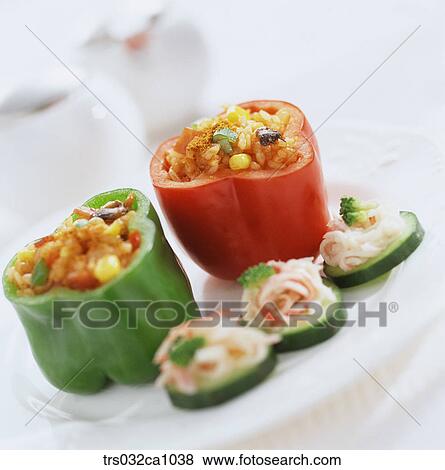 Stock Photo - Western food, food, dish, fried rice, paprika, green pepper, closeup. Fotosearch