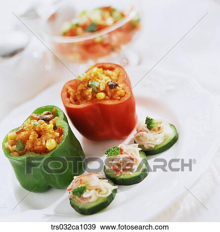 Stock Photo - Western food, food, dish, fried rice, paprika, green pepper, closeup. Fotosearch