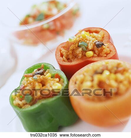 Stock Photography - Western food, food, dish, fried rice, paprika, green pepper, closeup. Fotosearch