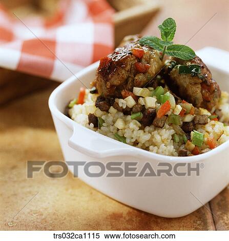 Stock Photography - dish, food, fried rice, meat, one-course dinner, closeup. Fotosearch