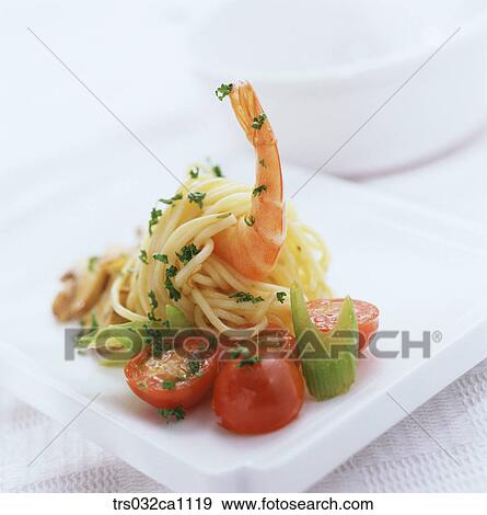 Stock Photo - dish, food, spaghetti, noodle, shrimp, tomato. Fotosearch
