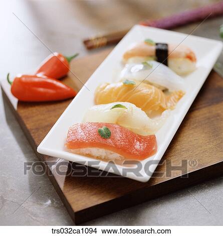 Picture - Japanese dish, Japan, dish, food, sushi, Salmon sushi, tunasushi. Fotosearch