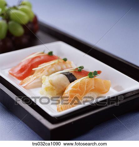Stock Image - Japanese dish, Japan, dish, food, sushi, Salmon sushi, shrimpsushi. Fotosearch