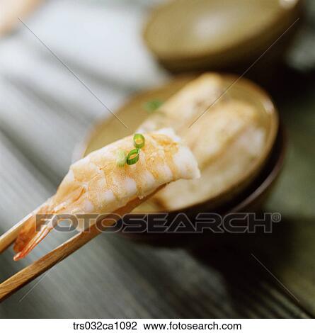 Stock Image - Japanese dish, Japan, dish, food, shrimpsushi, sushi, chopsticks. Fotosearch
