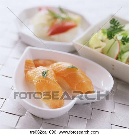Stock Photograph - Japanese dish, Japan, dish, food, Salmon sushi, sushi, closeup. Fotosearch