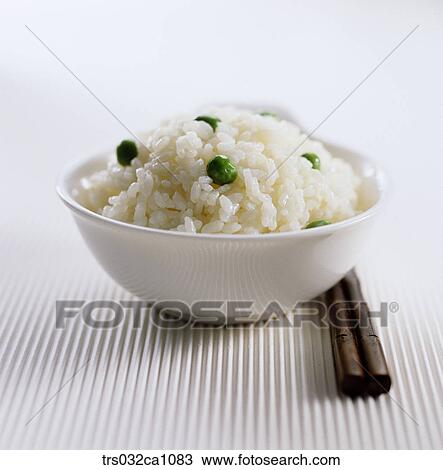 Stock Image - Korean dish, food, pea, rice, steamed rice, bowl, chopsticks. Fotosearch