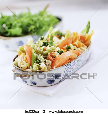 Stock Image - Western food, dish, food, fusilli, salad, asparagus, tomato. Fotosearch