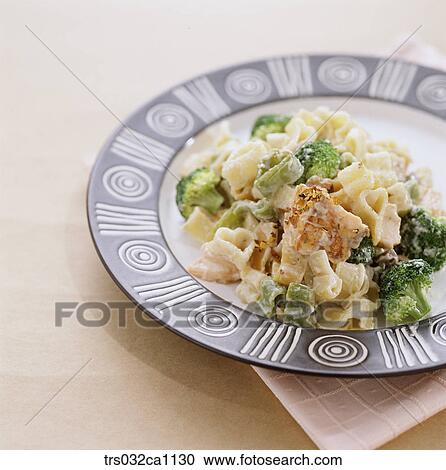 Stock Image - Western food, dish, food, pasta, plate, broccoli, closeup. Fotosearch